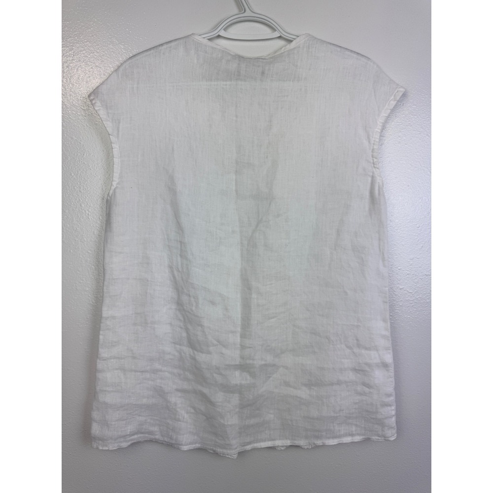 Elena Badi White 100% Linen Lace Trim V-Neck Top Made in Italy Womens Medium - Picture 2 of 8